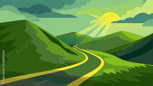 Winding road through green hills under a sunny sky