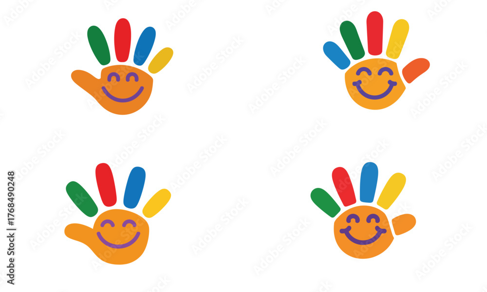 Fototapeta premium Colorful smiling hand logo design with happy face and rainbow fingers for children education or kindergarten branding 