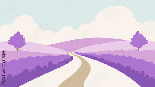 Winding road through rolling purple hills and lavender fields under a cloudy sky