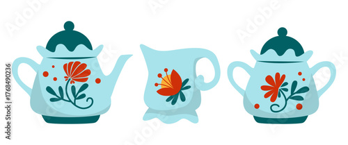 Cozy kettle. Sugar and milk container with floral pattern. botanical decorative elements on crockery. Drinking tea. Teatime utensil. Serving kitchen. Vector cartoon isolated illustration