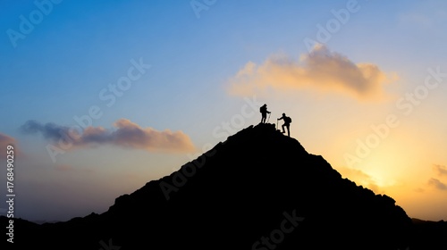 climbers. Mountain peak landscape with two climbers silhouette against a vibrant sunrise sky. travel magazines, destination branding, designed for travel destination branding, used by ux designers.