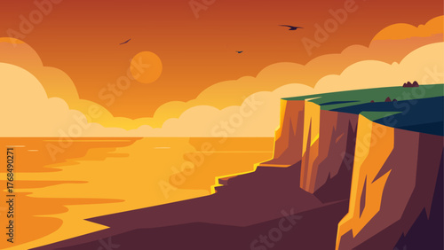 Stylized illustration of a dramatic sunset over the ocean with cliffs and birds
