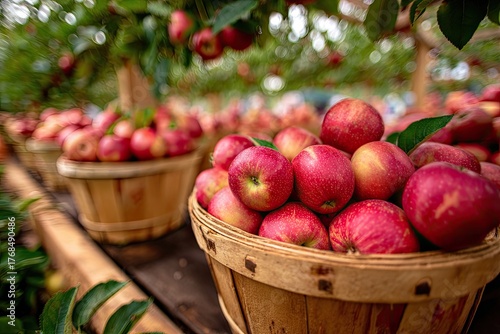 Close up of red apples in rustic baskets at an orchard