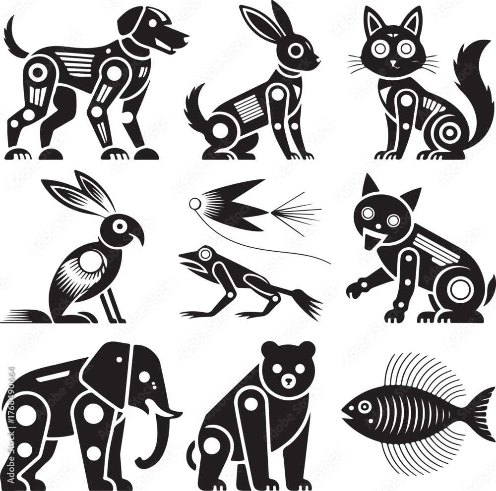 Obraz premium Black and white stylized robotic animals and fish collection rabbit elephant