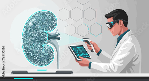 Scientist using technology to study a kidney with futuristic devices for healthcare