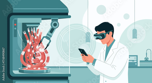 Scientist using virtual reality to monitor automated meat production in a laboratory futuristic