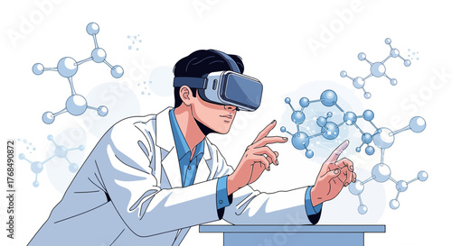 Scientist using virtual reality to study molecular structures in laboratory environment