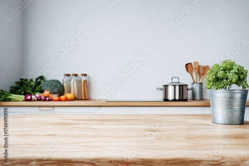 Clean kitchen counter with fresh produce and cooking supplies