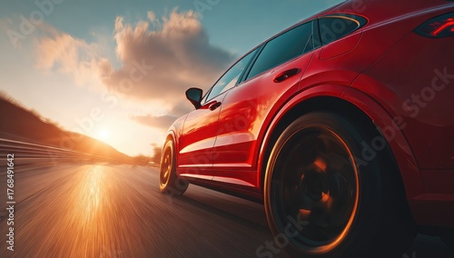 Red SUV speeding down a road at sunset (1)