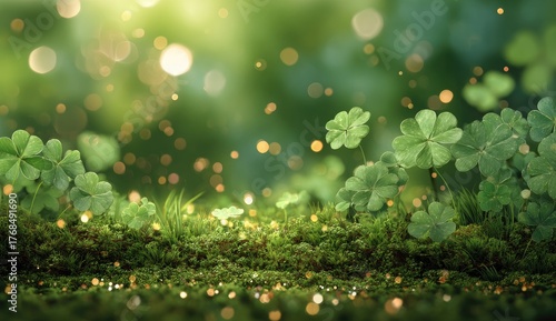 Lush green clover patch bathed in soft, sparkling golden light