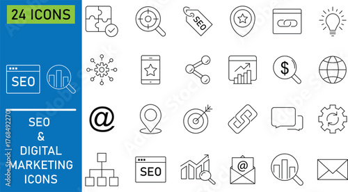  Digital marketing and search engine optimization thin line icons collection. Containing content, search, customers, social media, newsletter, advertising,  telemarketing, device, internet, analysis. 
