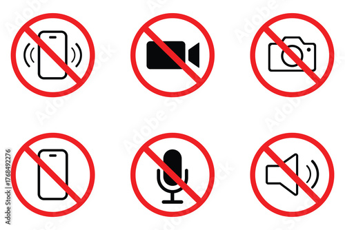 No phone, no camera, no camcorder. Mobile Phone prohibited. Prohibition warning sign. No photographing and filming prohibit icon logo collection. Vector illustration.