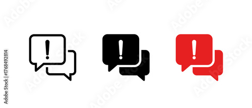 Exclamation mark message icon set. Chat alert symbol. Danger sign with speech bubble