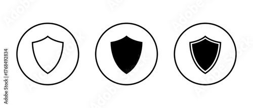 Blank shield icon set in circular outline. Security defense and safety protection symbol