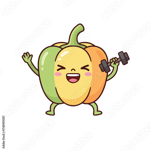 A cute, cartoon-style bell pepper character exercises by lifting a dumbbell with a happy expression on its yellow, green, and orange segments.