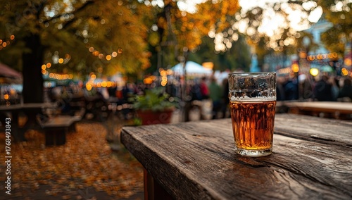 A glass of amber ale sits on a rustic wooden table at dusk