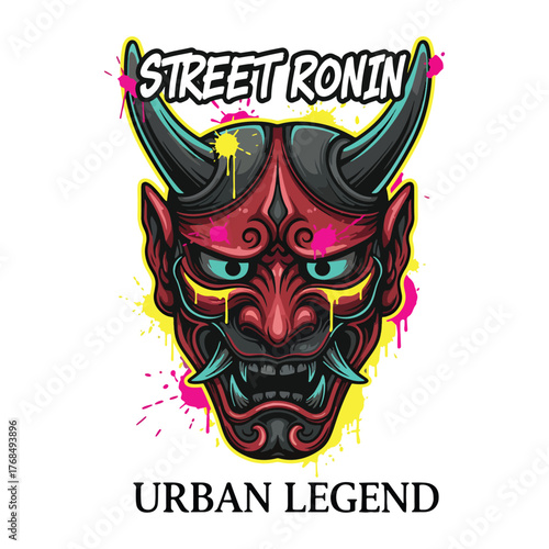 Street ronin demon mask, inspired by Japanese culture with an urban style, a fierce warrior vector illustration.