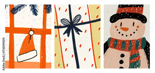 hand drawn crayon Christmas illustration with cute snowman Santa hat and festive gift boxes in cozy winter holiday style for greeting cards, posters and digital design projects