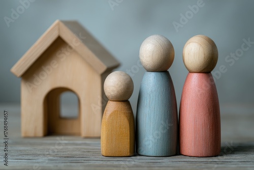Wooden peg figures represent a family beside a small toy house