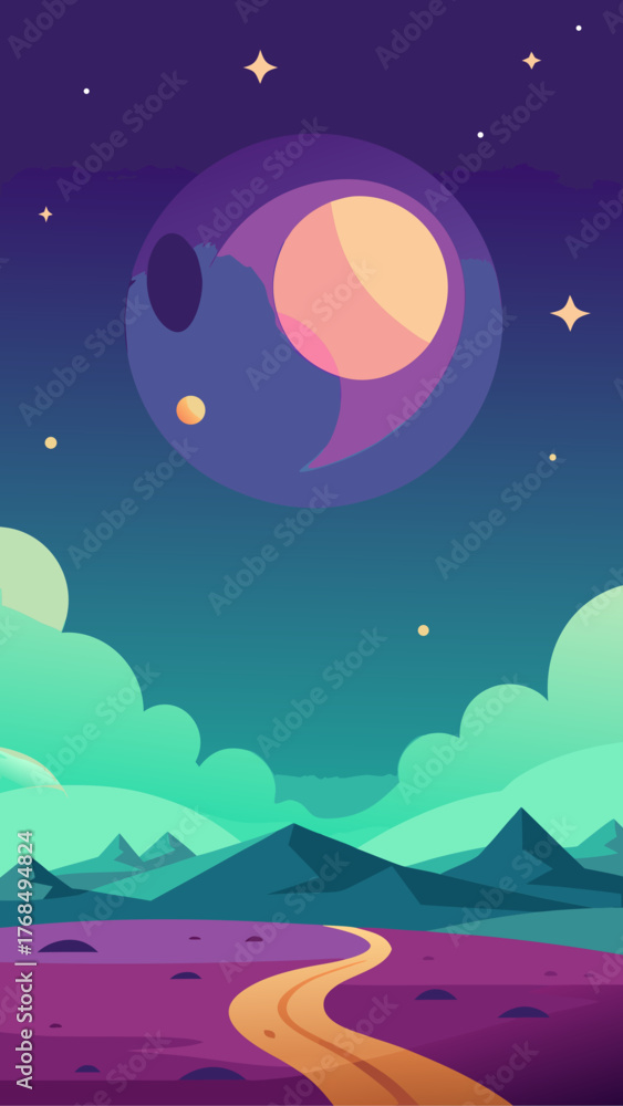 Fototapeta premium Vibrant alien landscape with a winding road under a starry sky and a large planet