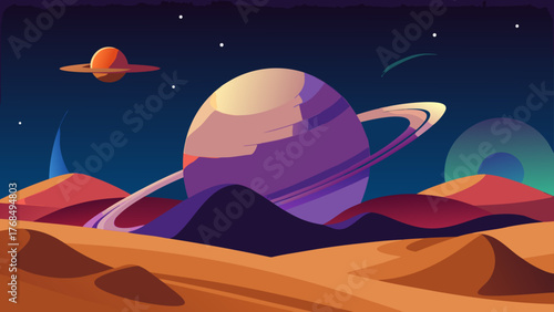 Vibrant alien planet landscape with rings and moons in a starry sky