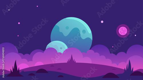 Vibrant alien landscape with large moons and purple clouds under a dark sky