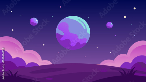 Vibrant alien planet landscape with moons and colorful clouds under a starry night sky