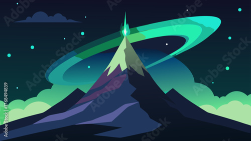 Stylized mountain peak under a swirling aurora borealis and starry night sky