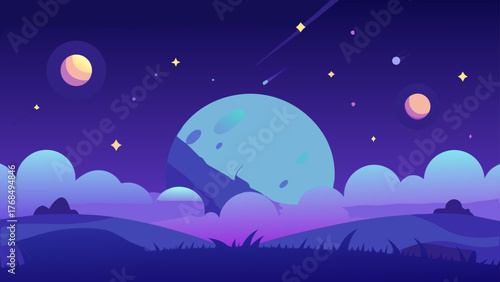 Stylized alien landscape with a large moon and starry night sky
