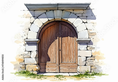 Charming old wooden arched door set in rustic stone wall, meticulously rendered in a beautiful traditional watercolor painting style, evoking a timeless historic architectural appeal