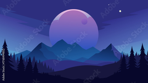 Stylized minimalist landscape with a large moon over mountains and pine trees at night