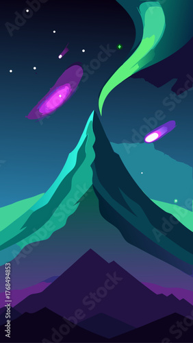 Stylized mountain landscape under a starry night sky with aurora borealis and celestial objects