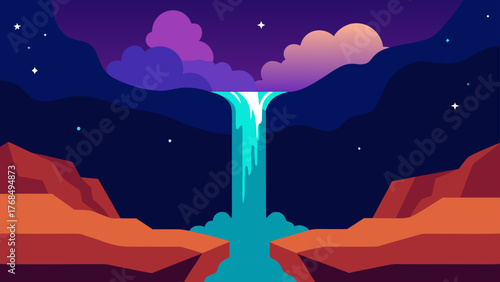 Stylized waterfall cascading into a pool under a starry night sky with colorful clouds