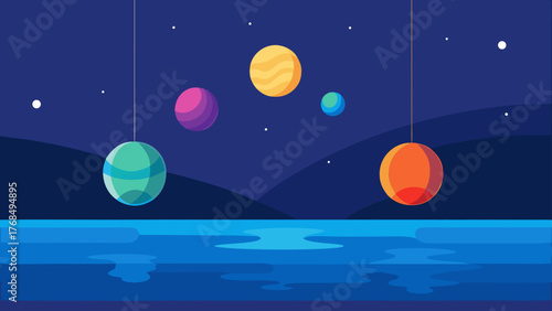 Whimsical hanging planets over a calm blue ocean at night