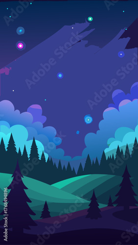Stylized night landscape with rolling hills pine trees and glowing orbs in the sky