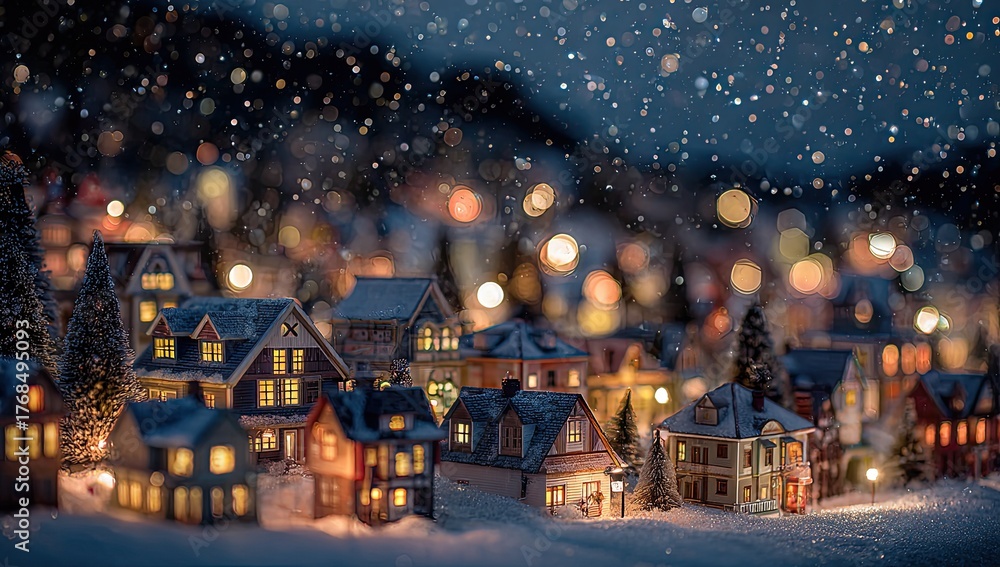 Obraz premium Cozy miniature village lights up a snowy winter night