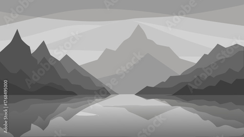 Serene mountain landscape reflected in calm water with layered peaks and sky