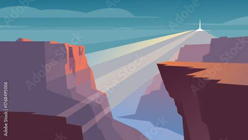 Stylized canyon landscape with a bright light beam shining from a distant structure