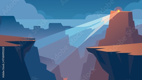 Abstract canyon landscape with dramatic light beams at sunset