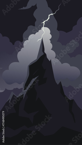 Dramatic mountain peak struck by lightning during a dark stormy night