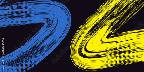 Abstract yellow-blue frame on a dark background. Sporty design in grunge style. Illustration for sports