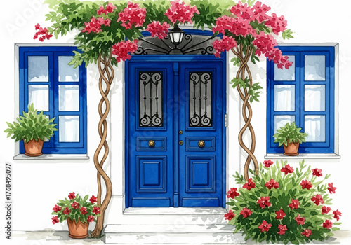Vibrant Mediterranean Blue Door Watercolor Illustration with Bougainvillea Flowers; Inviting Greek Island Architectural Facade Art