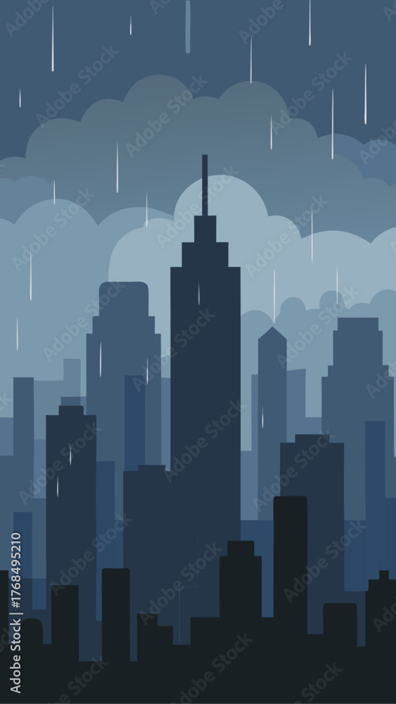 Fototapeta premium Silhouette of a city skyline during a rainstorm with dark clouds