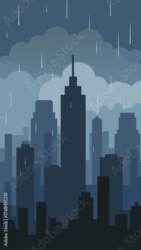 Silhouette of a city skyline during a rainstorm with dark clouds