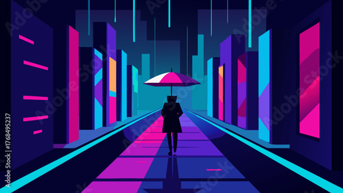 Lone figure walks with umbrella through a neon city street at night