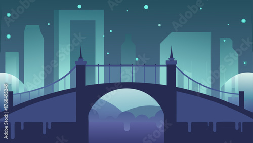 Stylized illustration of a suspension bridge over water with a city skyline at night