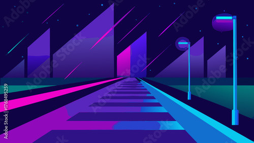 Futuristic cityscape with glowing train tracks and neon lights at night