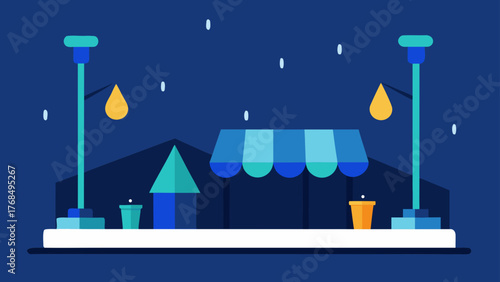 Flat design illustration of a street scene at night with streetlights and shops