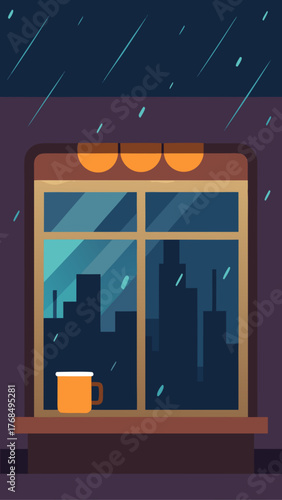 Cozy mug of coffee on a windowsill overlooking a rainy city skyline at night