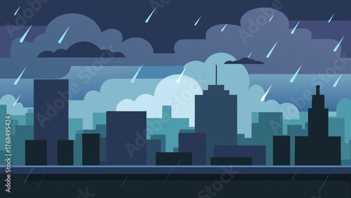 Flat design cityscape with dark stormy clouds and falling rain